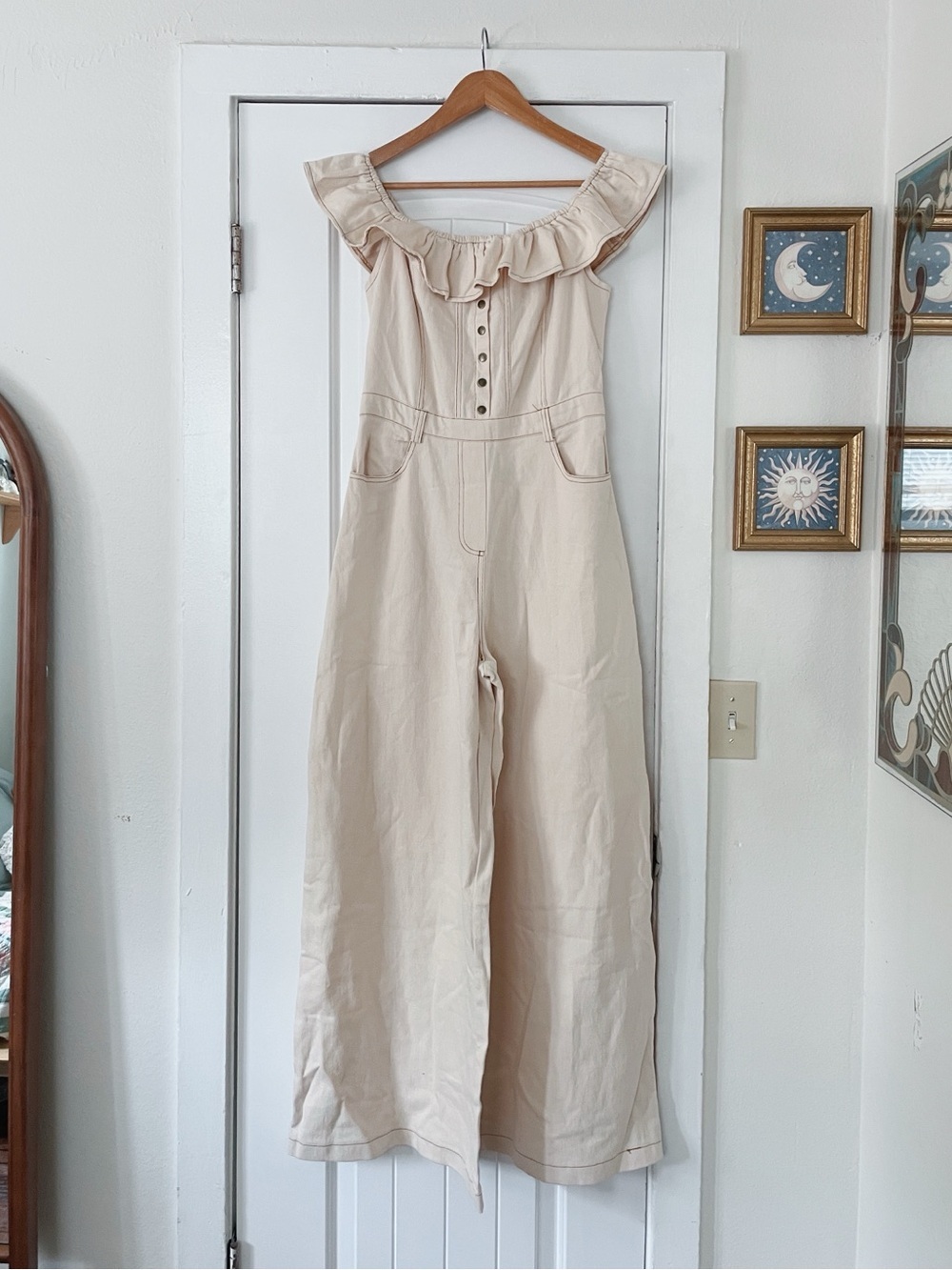 NWT Mustard Seed Off-Shoulder Wide-Leg Jumpsuit in Cream Size Medium Boutique - Picture 3 of 7